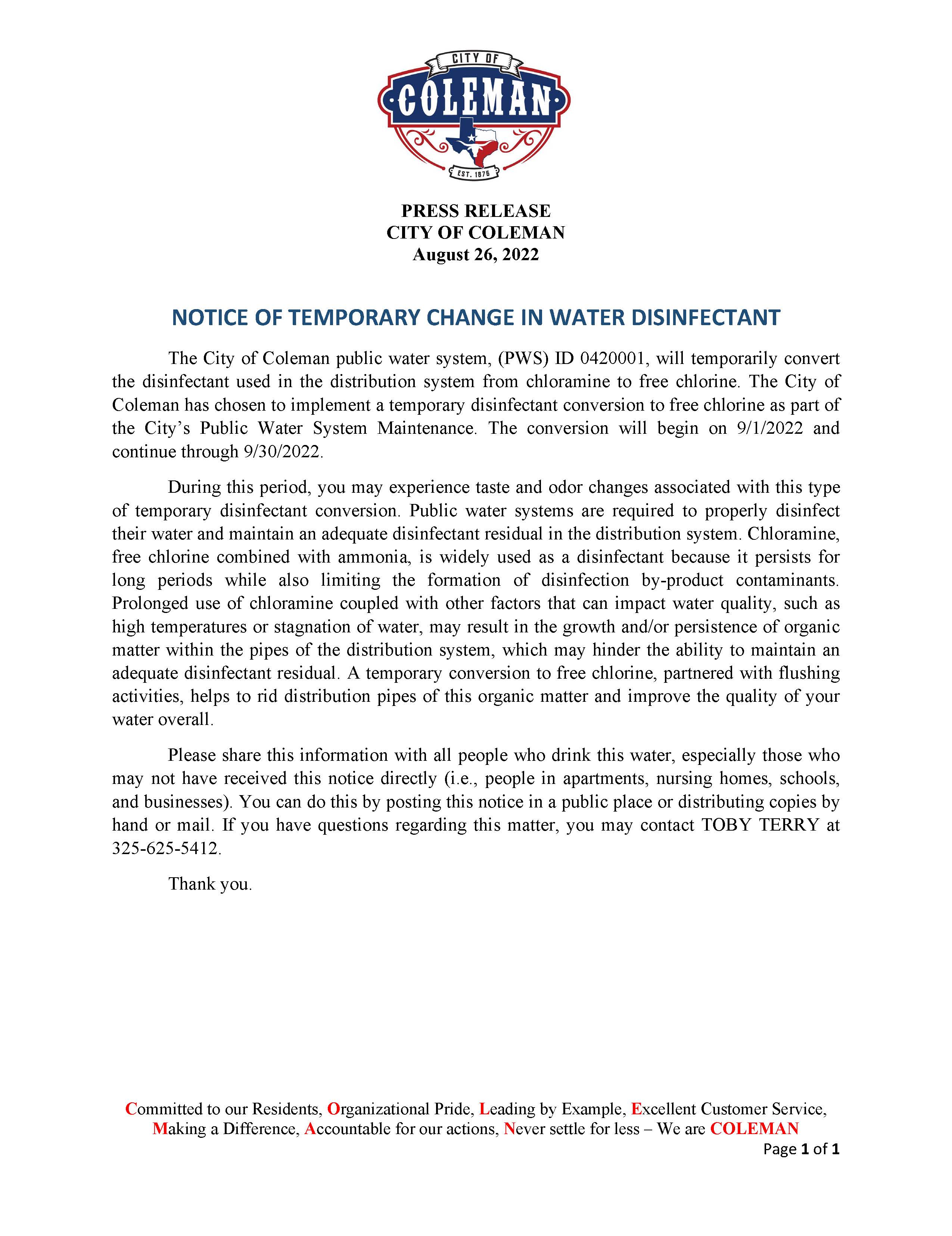 Notice of Change in Water Disinfectant from Chloramine to Free Chlorine